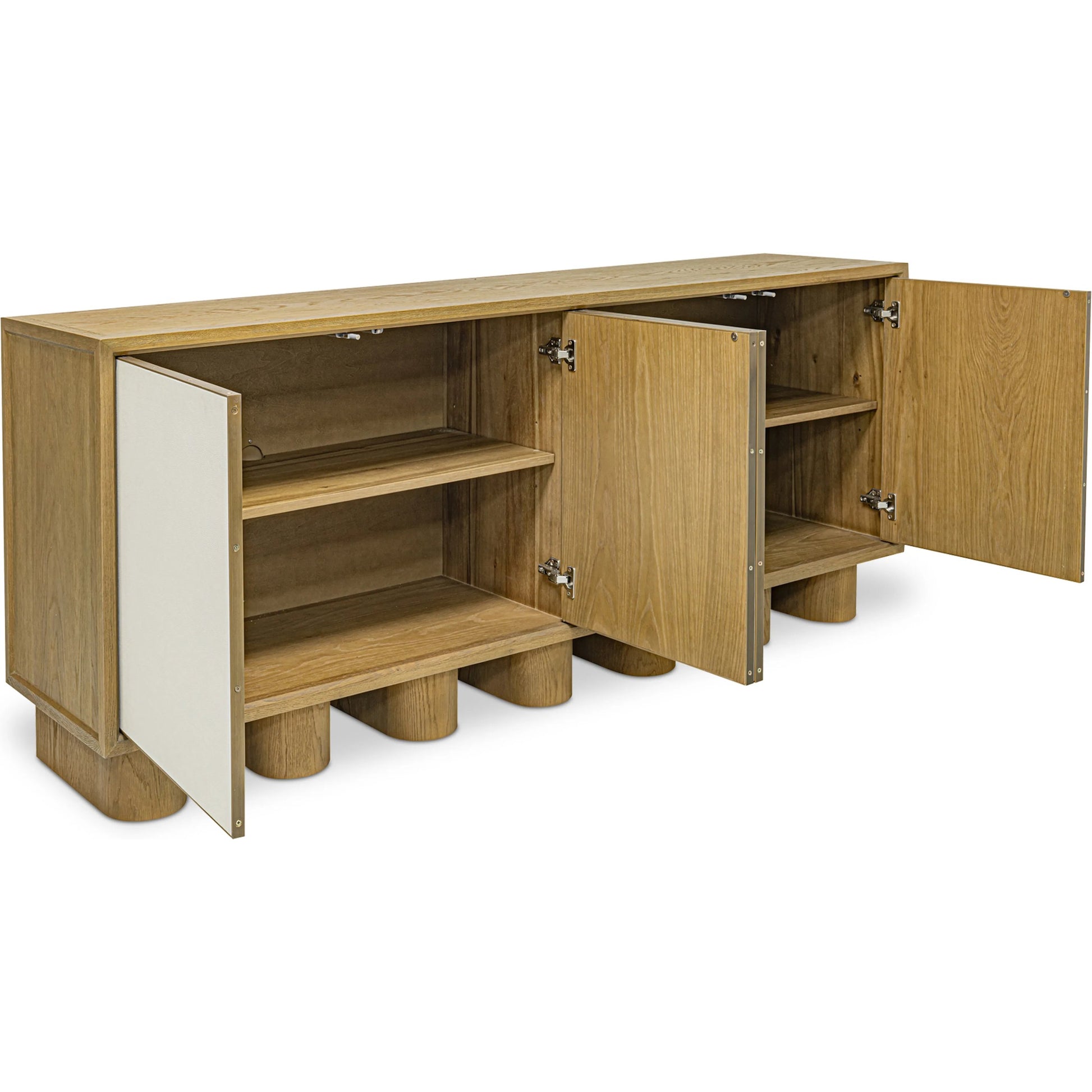 Marcelle Sideboard by Moe's Home Collection in white, natural. Made from shagreen patterned polyurethane, solid oak frame, oak veneer over mdf top, side, metal in a modern style.