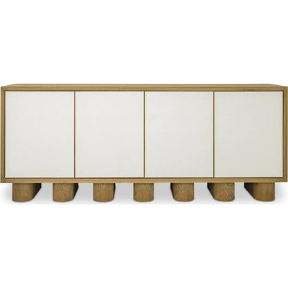 Marcelle Sideboard by Moe's Home Collection in white, natural. Made from shagreen patterned polyurethane, solid oak frame, oak veneer over mdf top, side, metal in a modern style.