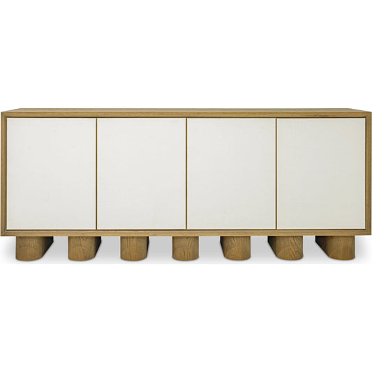 Marcelle Sideboard by Moe's Home Collection. Made from shagreen patterned polyurethane, solid oak frame, oak veneer over mdf top, side, metal in a unique style.