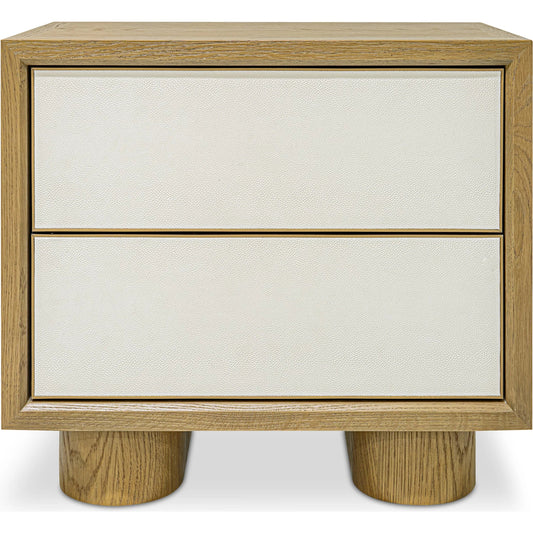 Marcelle Nightstand by Moe's Home Collection. Made from shagreen patterned polyurethane, solid oak frame, oak veneer over mdf top, side, metal in a unique style.