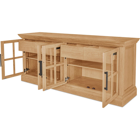 Raymond Sideboard by Moe's Home Collection in natural. Made from oak on frame, oak veneer on side, top, glass on the door in a unique style.