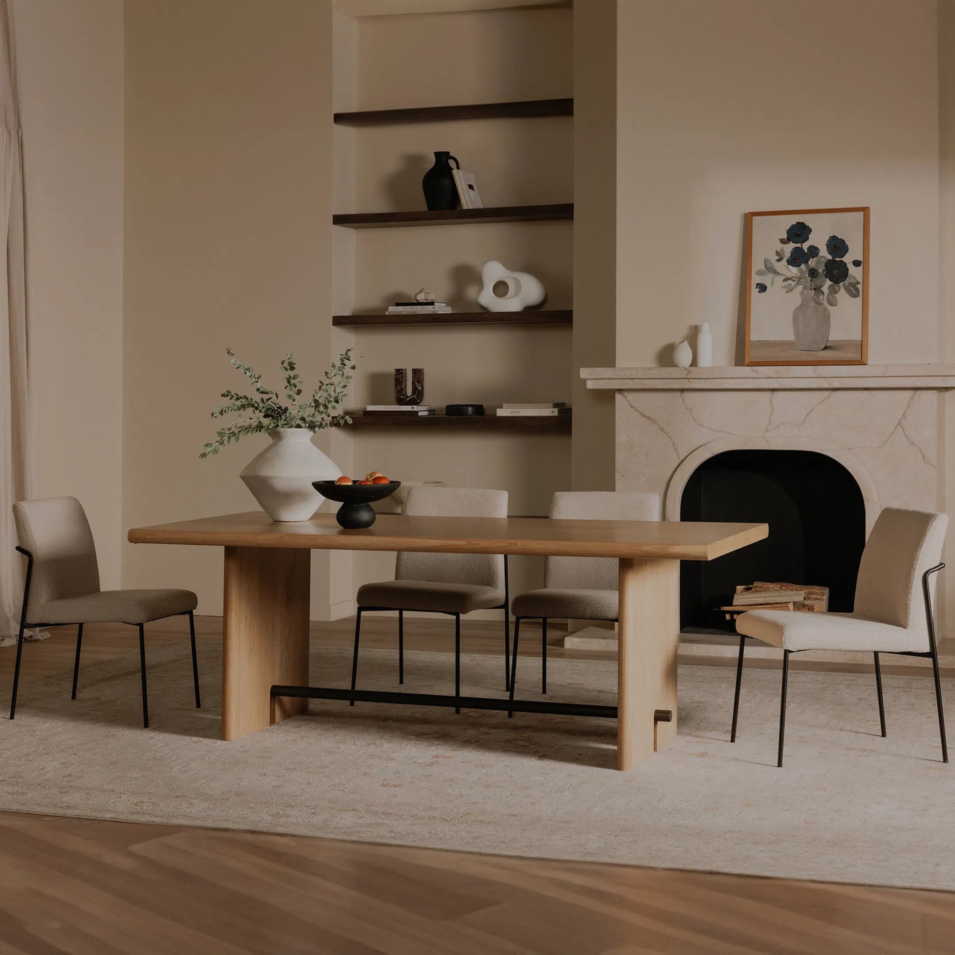 Madison Dining Table by Moe's Home Collection in natural oak. Made from solid oak tabletop, base edge, oak veneer over plywood tabletop, metal in a transitional style.