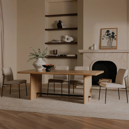 Madison Dining Table by Moe's Home Collection in natural oak. Made from solid oak tabletop, base edge, oak veneer over plywood tabletop, metal in a transitional style.