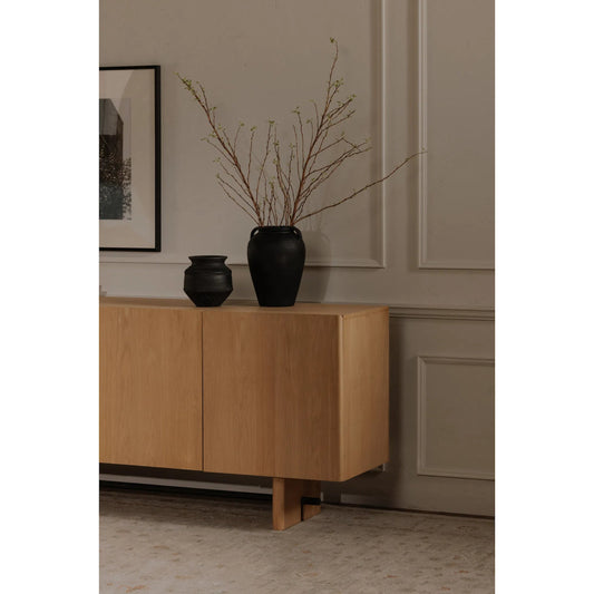 Madison Sideboard by Moe's Home Collection in natural oak. Made from solid oak tabletop, base edge, oak veneer over plywood tabletop, metal in a unique style.