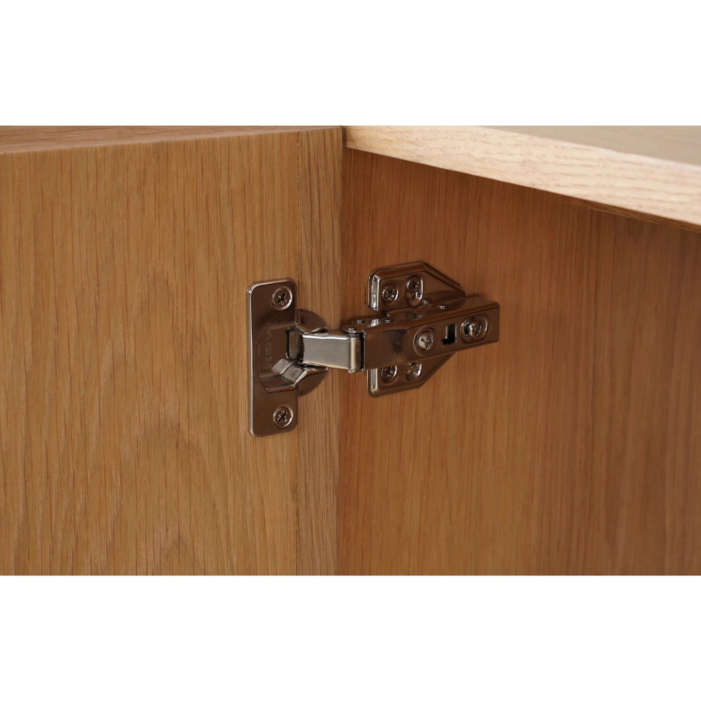 008 SI-2441489 | Closeup | Madison Sideboard by Moe's Home Collection in natural oak. Made from solid oak tabletop, base edge, oak veneer over plywood tabletop, metal in a transitional style.