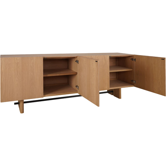 Madison Sideboard by Moe's Home Collection in natural oak. Made from solid oak tabletop, base edge, oak veneer over plywood tabletop, metal in a unique style.