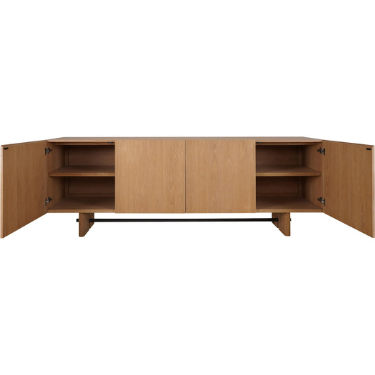 Madison Sideboard by Moe's Home Collection in natural oak. Made from solid oak tabletop, base edge, oak veneer over plywood tabletop, metal in a transitional style.