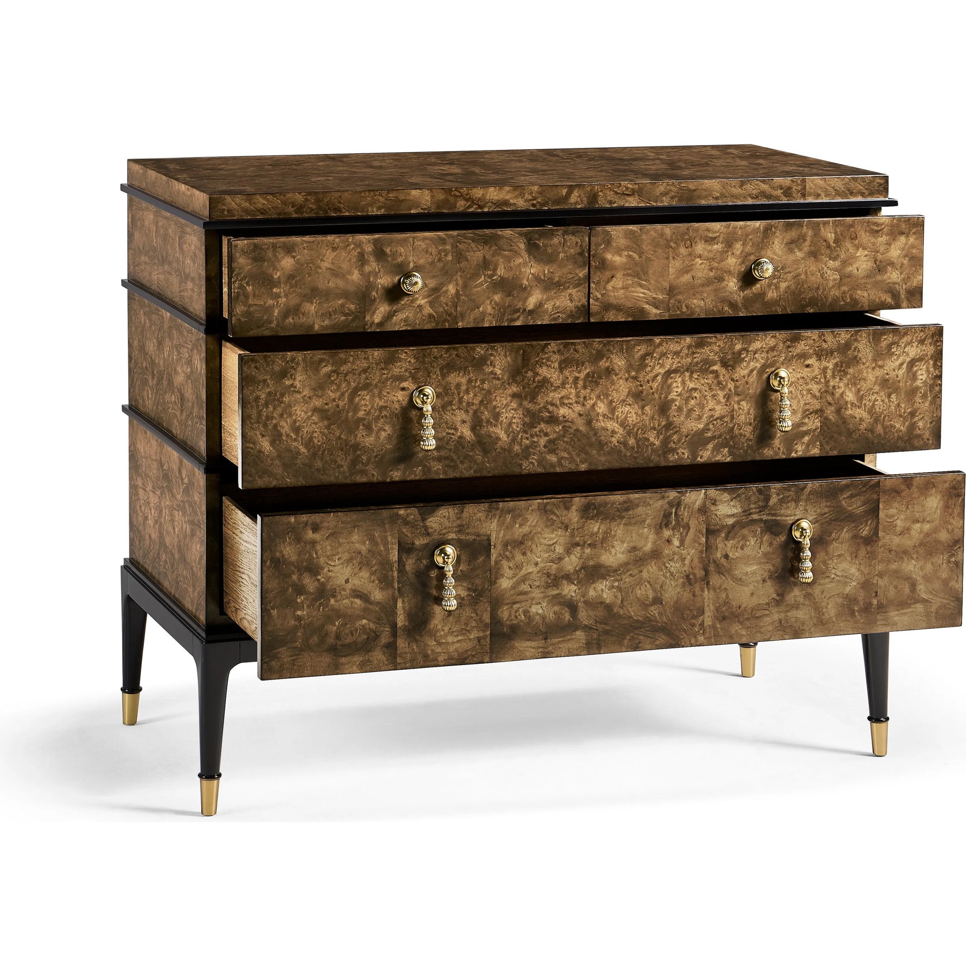 Jacques Bachelors Chest, Brown by Jonathan Charles. Made from solid beech wood, myrtle burl veneers, brass in a modern style.