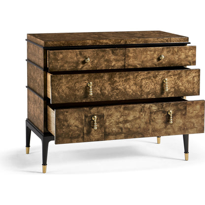Jacques Bachelors Chest, Brown by Jonathan Charles. Made from solid beech wood, myrtle burl veneers, brass in a modern style.