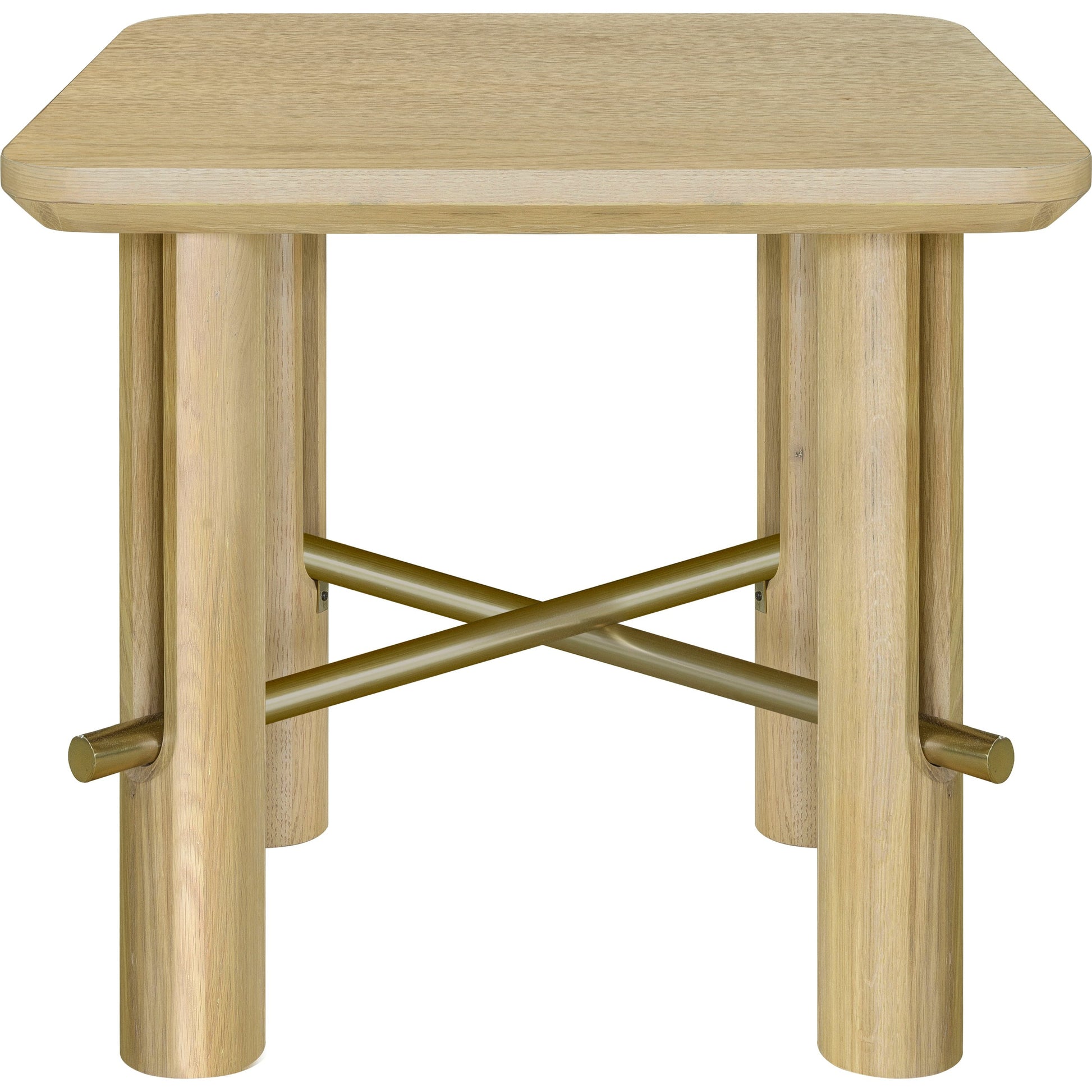 Valdo End Table by Surya in clear, metallic brass and wood finish. Made from top: oak, base: metal in a modern style.