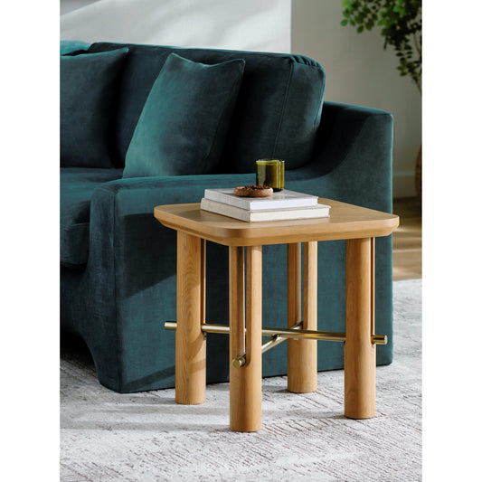 Valdo End Table by Surya in top: wood, base: metallic - brass and wood finish. Made from top: oak, base: metal in a modern style.