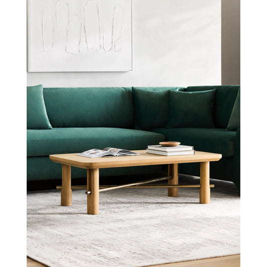 Valdo Coffee Table by Surya in top: wood, base: metallic - brass and wood finish. Made from top: oak, base: metal in a modern style.