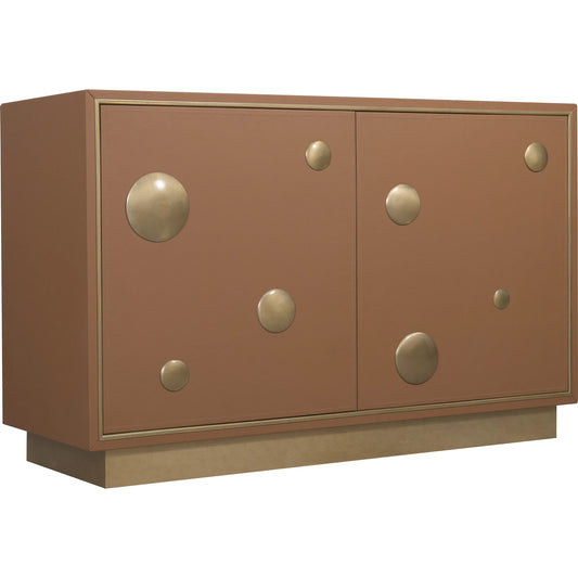 Melange Lottie Dottie Hall Chest by Hooker Furniture in brown leather, gold accent metal, gold plinth. Made from wood, leather, aluminum, fabric, 100% polyester in a modern style.