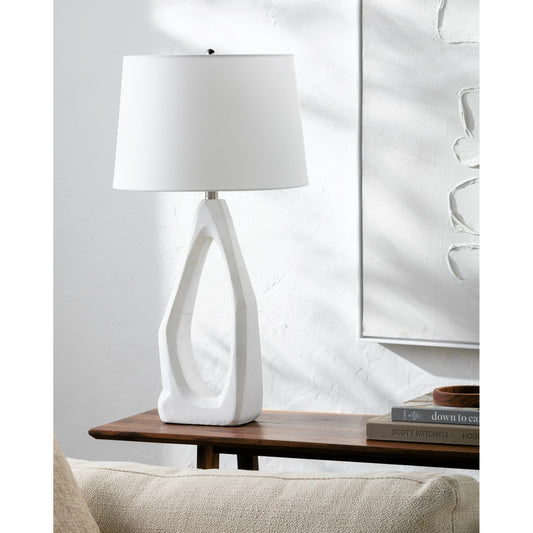 Vallis Accent Table Lamp - 535733 by Surya in body: white, shade: white, finial: metallic - silver, harp: metallic - nickel, cord: translucent and hand paintedplated. Made from resin, linen, polystyrene, iron in a modern style.