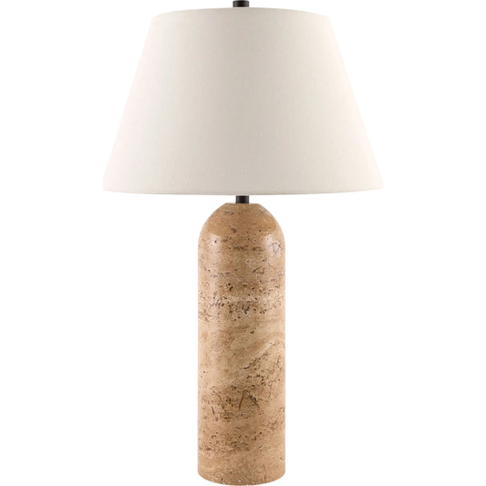 Vallin Accent Table Lamp by Surya in brown. Made from travertine, linen, polystyrene, iron in a transitional style.