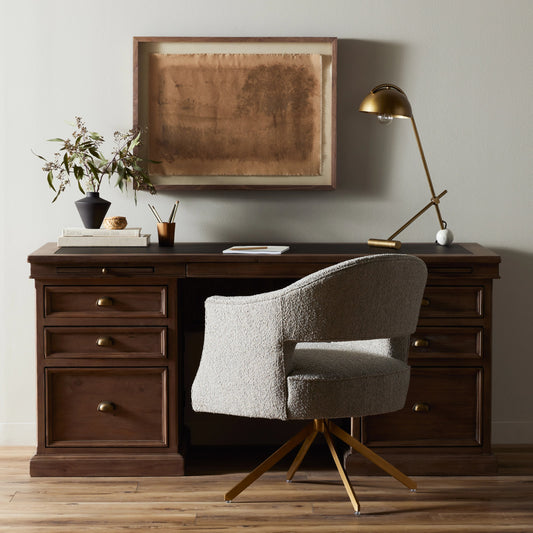 Lifestyle Desk by Four Hands in sundried ash, black. Made from solid mixed reclaimed wood, faux leather in a cottage & farmhouse style.