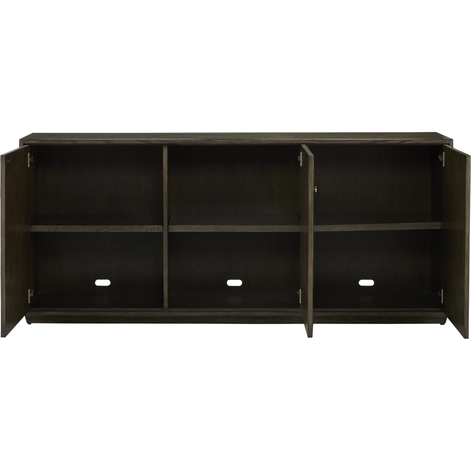 Kendall Credenza by Currey and Company in dove gray, polished brass. Made from oak solids, veneers, brass in a transitional style.