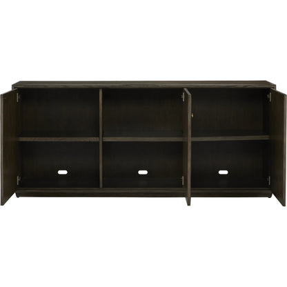 Kendall Credenza by Currey and Company in dove gray, polished brass. Made from oak solids, veneers, brass in a transitional style.