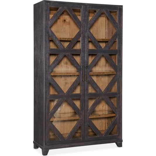 Big Sky Display Cabinet by Hooker Furniture in charred timber. Made from pecky hickory veneers, seeded glass, tempered glass in a modern style.