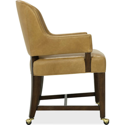 Archives Game Chair by Hooker Furniture in classic walnut, quartered walnut veneers. Made from wood, leather, hair on hide leather in a traditional style.