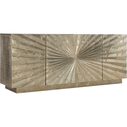 Big Bang Entertainment Console by Hooker Furniture in silver foil. Made from mango solids with german silver foil in a eclectic & global style.