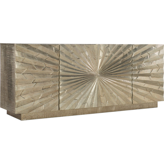 Big Bang Entertainment Console by Hooker Furniture in silver foil. Made from mango solids with german silver foil in a eclectic & global style.