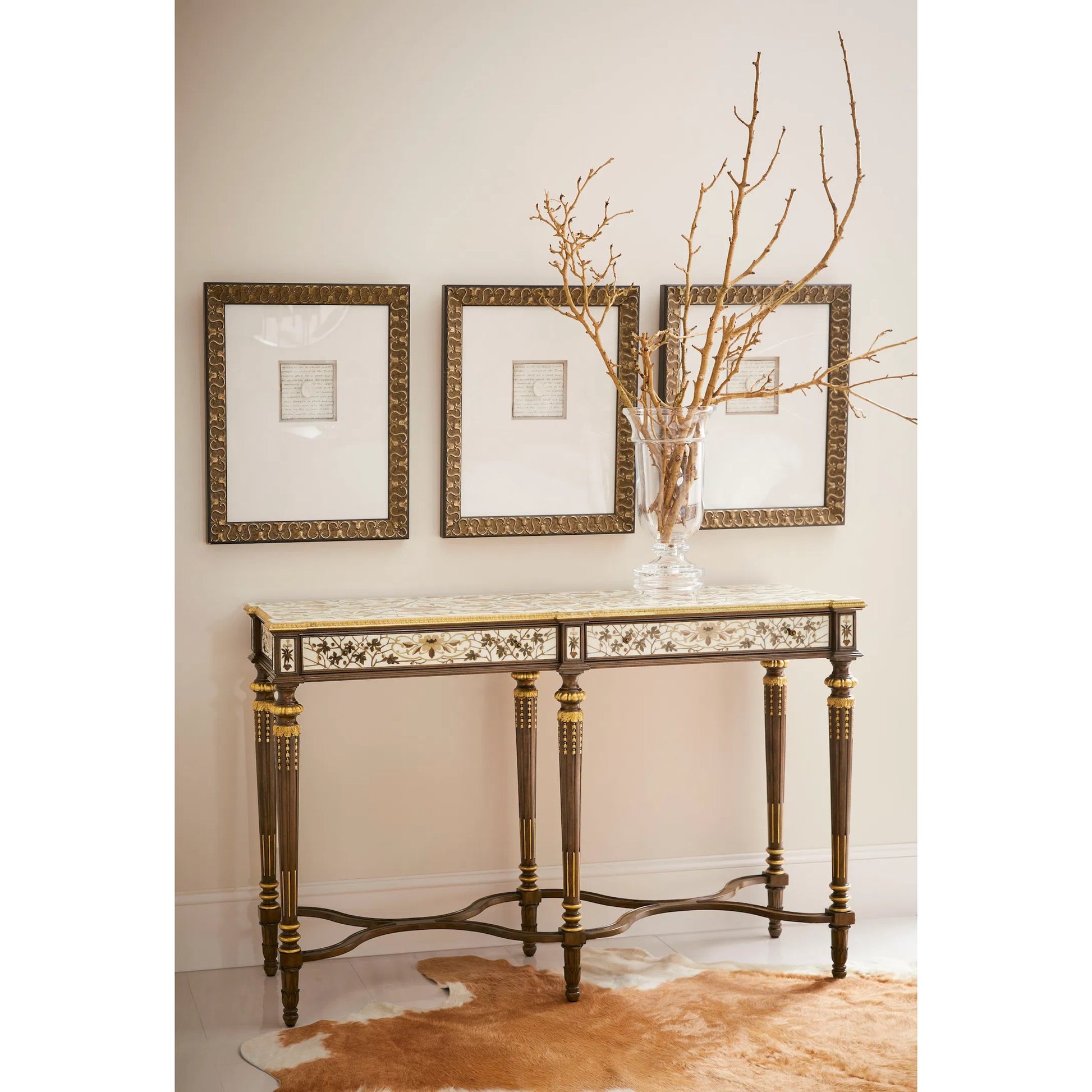 Trianon Console Table by Jonathan Charles in oak leaf parquetry. Made from mahogany solids, various marquetry veneers, resin, brass in a traditional style.