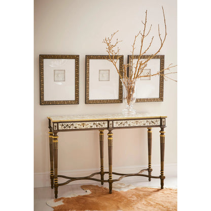 Trianon Console Table by Jonathan Charles in oak leaf parquetry. Made from mahogany solids, various marquetry veneers, resin, brass in a traditional style.