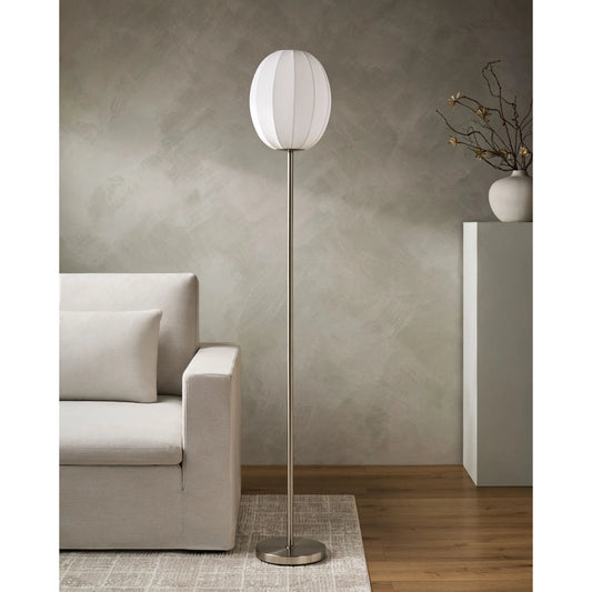 Vamo Accent Floor Lamp by Livabliss in body: metallic - nickel; base: metallic - nickel; shade: white; cord: translucent and platedplated. Made from iron, linen in a unique style.