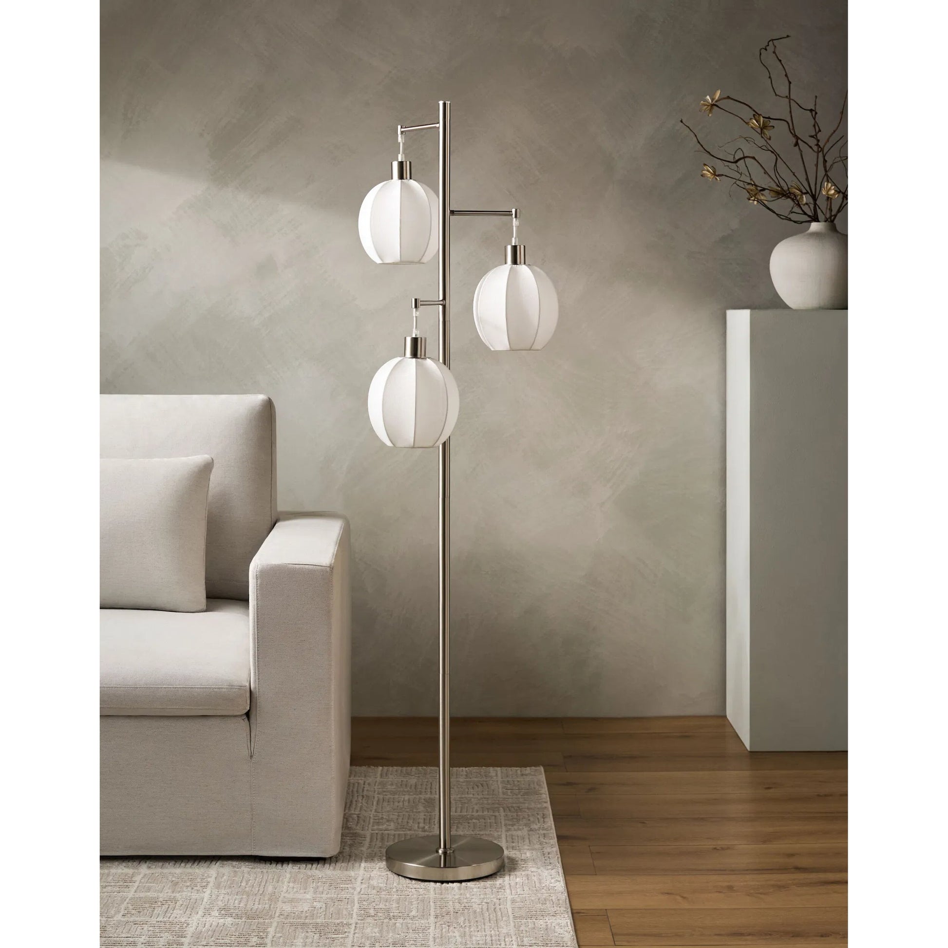Vamo Accent 3 Bulb Floor Lamp by Livabliss in nickel and plated. Made from iron, linen in a transitional style.