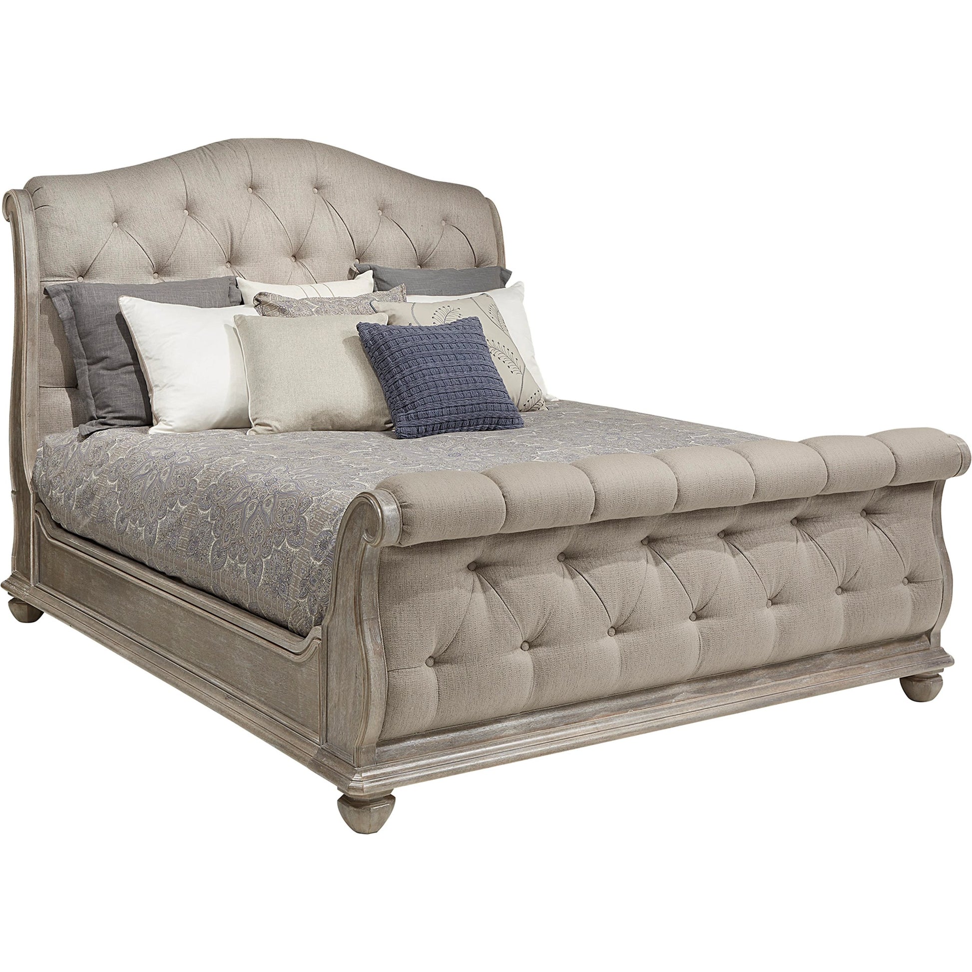 Summer Creek Shoals Tufted Sleigh Bed by A.R.T. Furniture in gray and scrubbed oak. Made from flakey cathedral oak veneer, parawood solids in a traditional style.