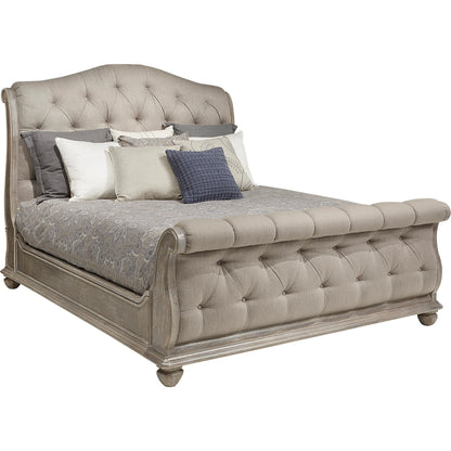 Summer Creek Shoals Tufted Sleigh Bed by A.R.T. Furniture in gray and scrubbed oak. Made from flakey cathedral oak veneer, parawood solids in a traditional style.