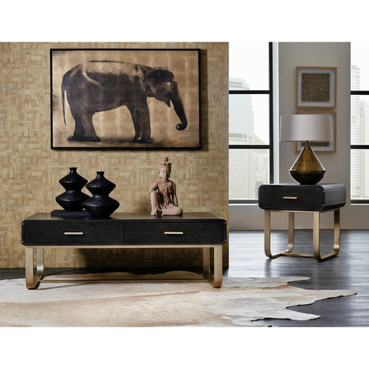 Commerce & Market Metropolitan End Table by Hooker Furniture in dark wood and dark wood finish. Made from oak veneers, metal tube and sheet metal in a modern style.