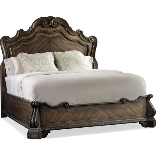 Rhapsody Panel Bed by Hooker Furniture in rustic walnut. Made from pecan veneers, resin in a unique style.
