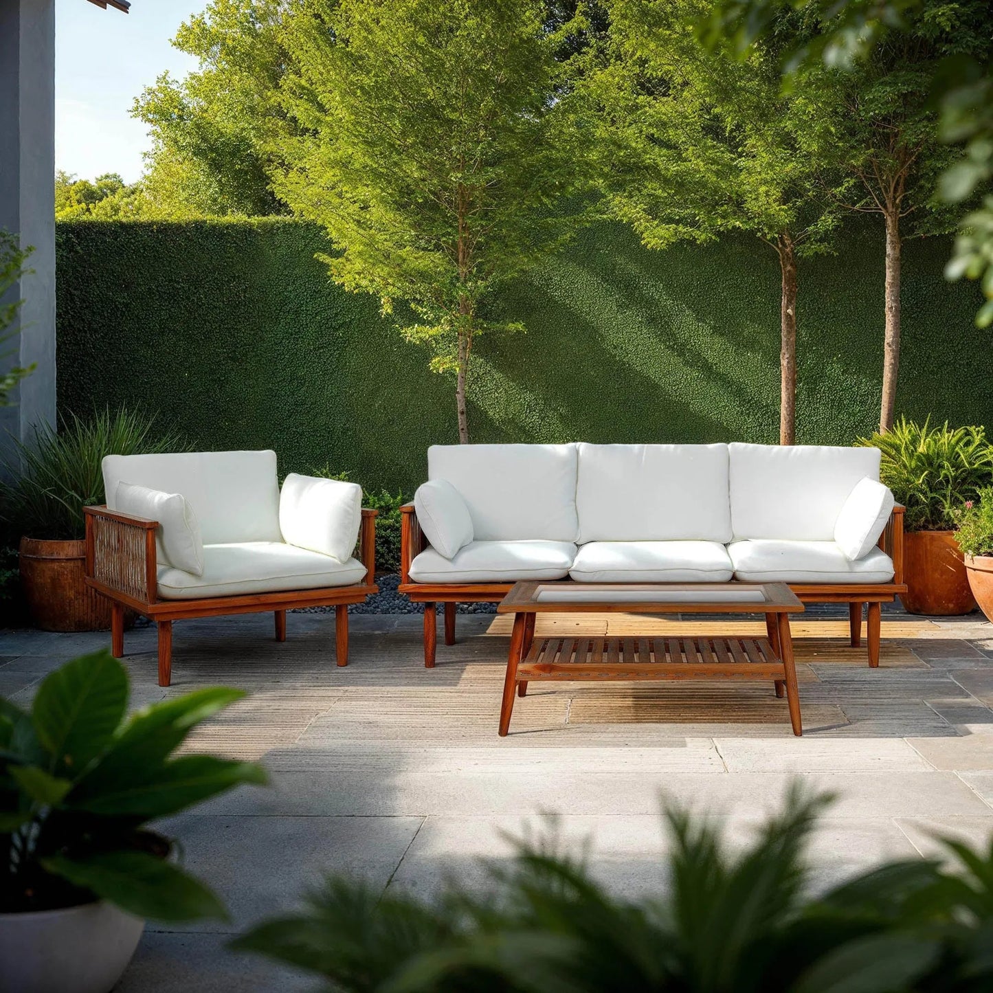 008 SI-2325325 | Lifestyle | Vineyard Outdoor - Rectangular Coffee Table by LH Imports in brown, clear and brown, glass. Made from teak wood, clear tempered glass in a transitional style.