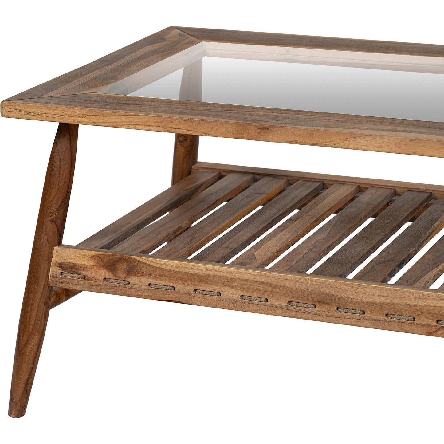 004 SI-2325325 | Closeup | Vineyard Outdoor - Rectangular Coffee Table by LH Imports in brown, clear and brown, glass. Made from teak wood, clear tempered glass in a transitional style.