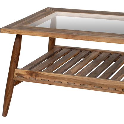 Vineyard Outdoor - Rectangular Coffee Table by LH Imports in brown, clear and brown, glass. Made from teak wood, clear tempered glass in a transitional style.