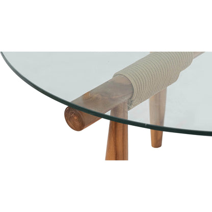 Vineyard Outdoor - Round Coffee Table by LH Imports in brown, clear and brown, glass. Made from teak wood, 100% polyester rope, clear tempered glass in a transitional style.