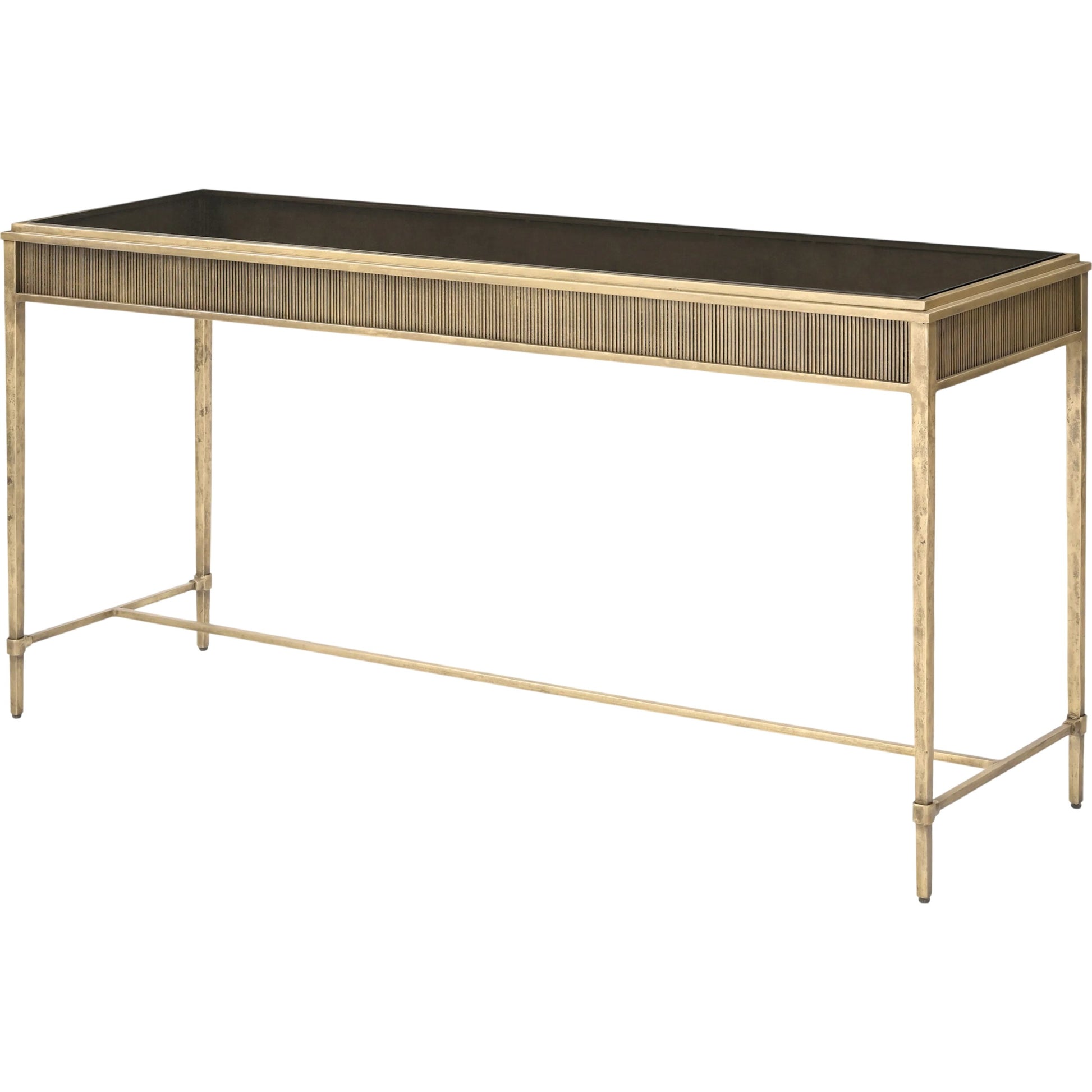 Valenza Console Table by Surya in brown, metallic brass and brass, electroplated, tinted. Made from glass, iron in a unique style.