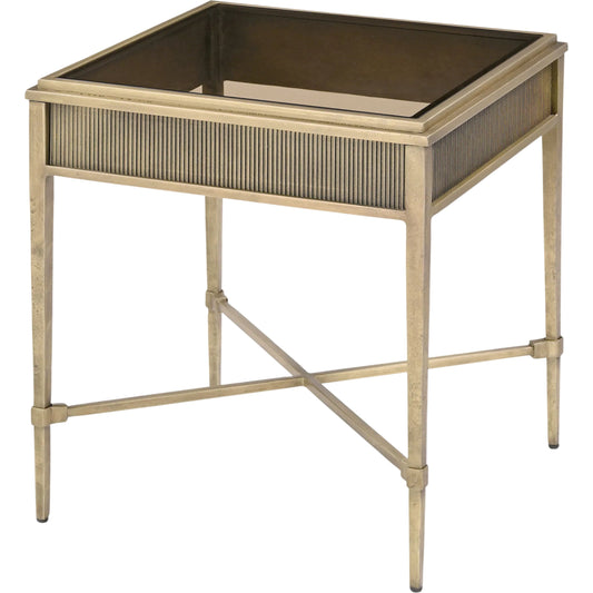 Valenza End Table by Surya in brown, metallic brass and brass, electroplated, tinted. Made from glass, iron in a unique style.