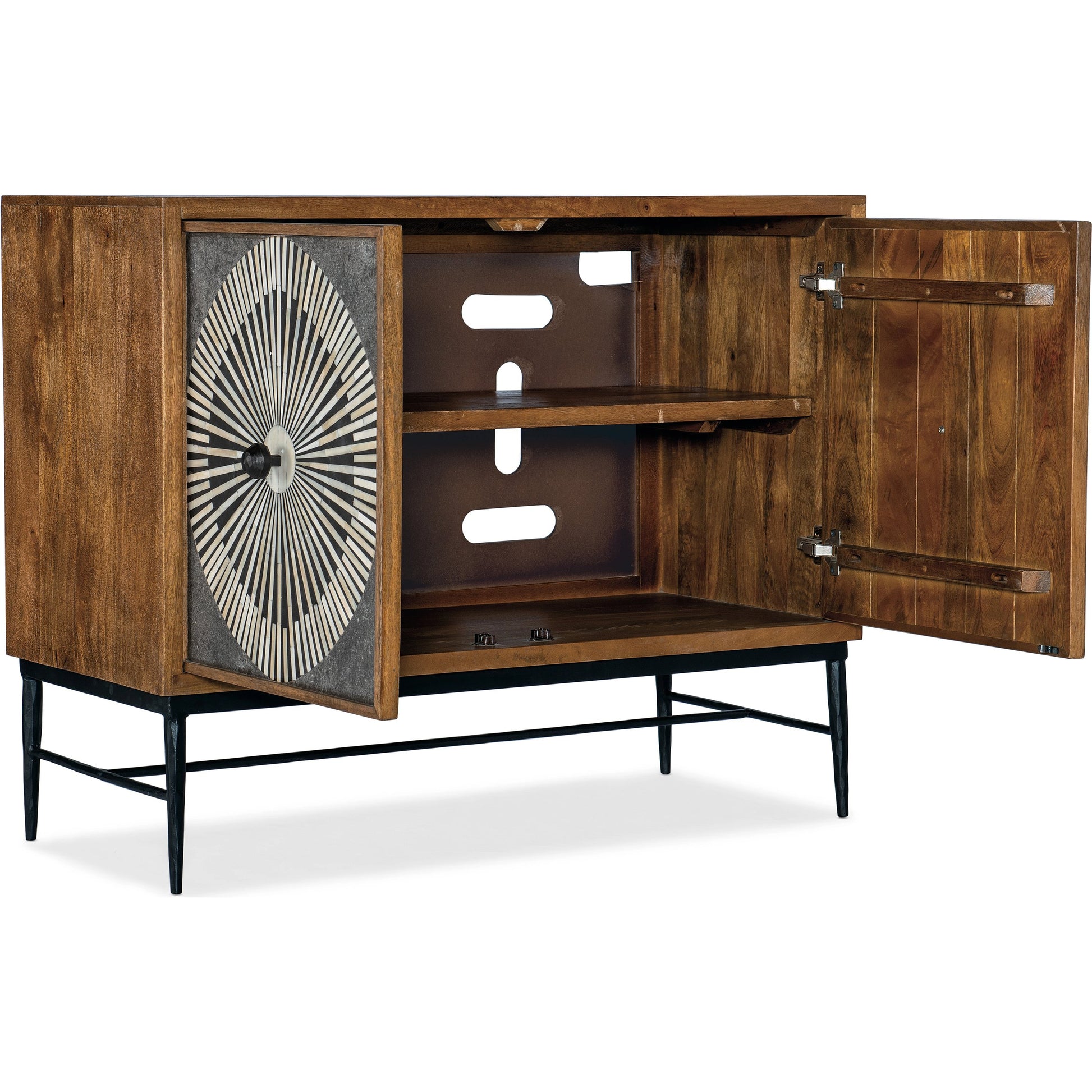 Commerce & Market Two Door Chest by Hooker Furniture in medium natural wood. Made from mango wood with bone inlay, iron, slate veneer in a modern style.