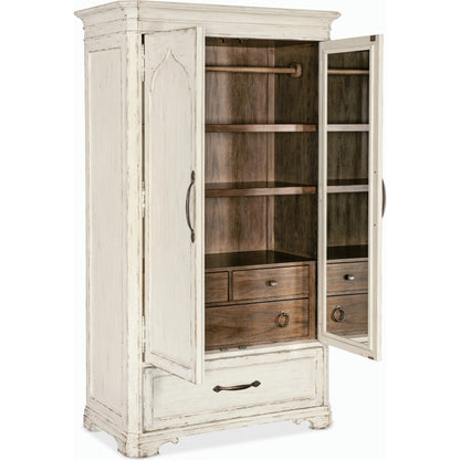 Americana Wardrobe by Hooker Furniture in black and molasses finish. Made from oak veneers in a cottage & farmhouse style.