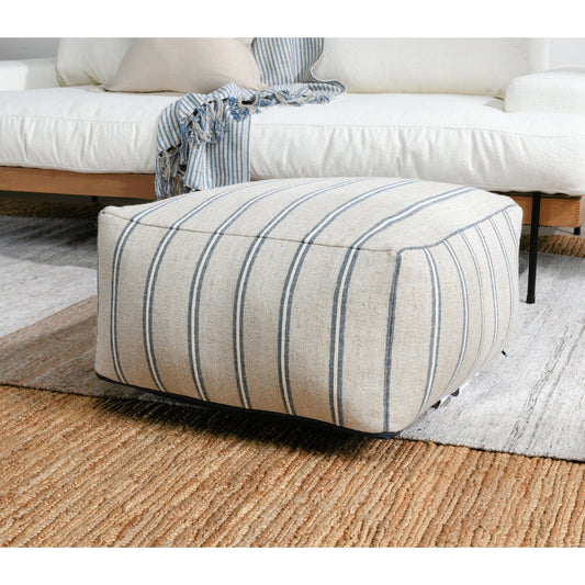 Demi Wide Square Striped Pouf by Villa by Classic Home in natural,blue. Made from 70% linen, 30% cotton in a modern style.