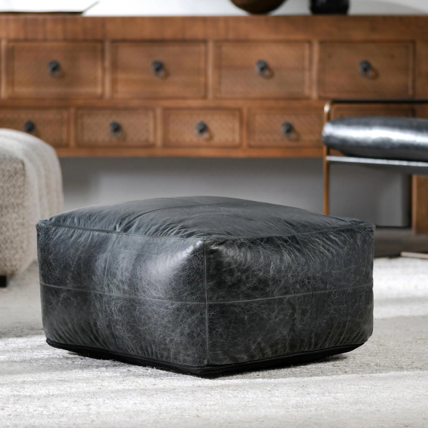 005 SI-2243873 | Lifestyle | Dexter Genuine Leather Pouf by Villa by Classic Home in black. Made from 100% genuine leather in a traditional style.