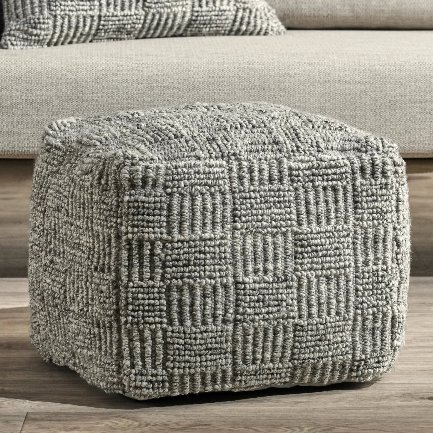 005 SI-2243876 | Lifestyle | Shades Recycled Fabric Indoor Outdoor Pouf by Villa by Classic Home in gray. Made from 100% pet recycled plastic in a rustic style.