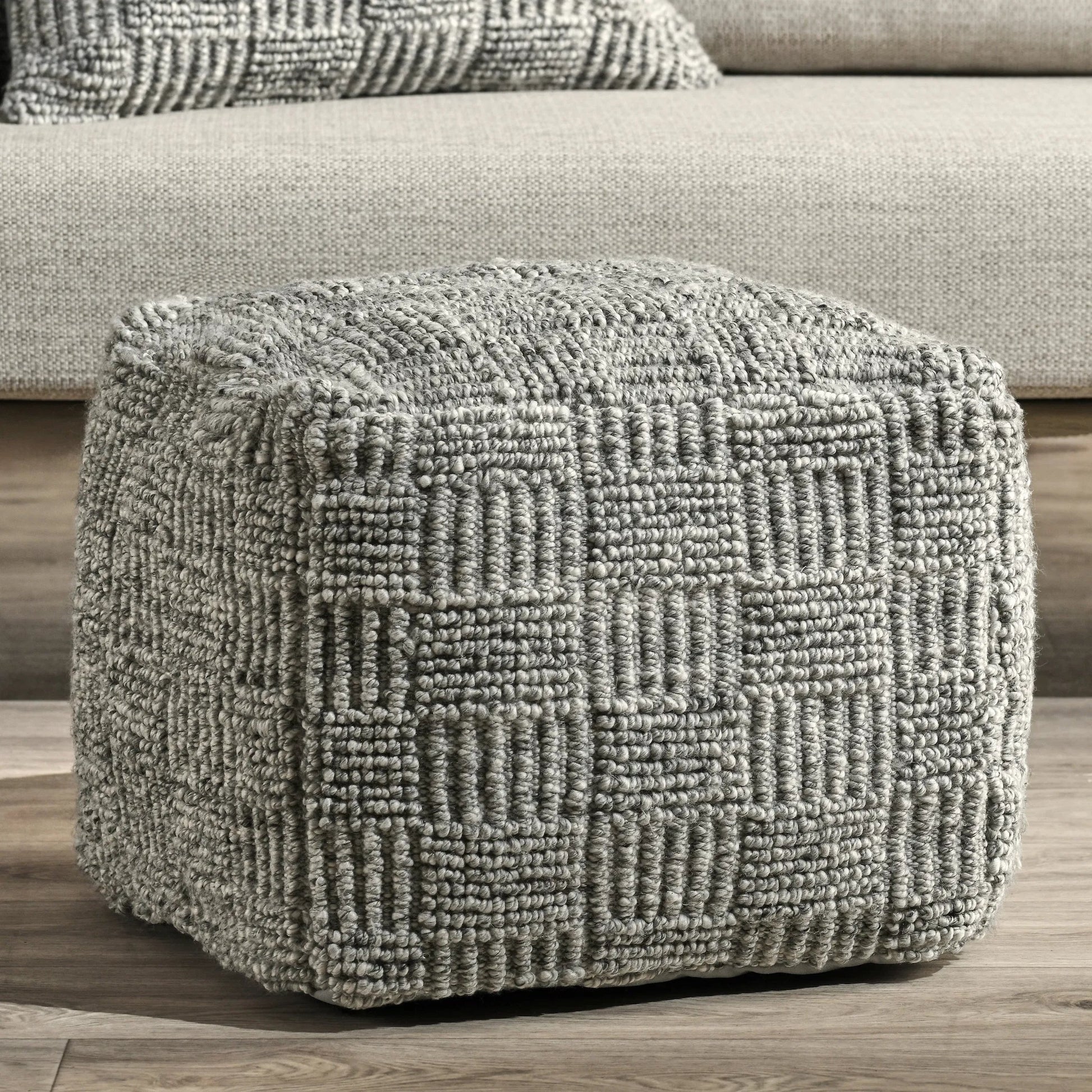 Shades Recycled Fabric Indoor Outdoor Pouf by Villa by Classic Home in gray. Made from 100% pet recycled plastic in a rustic style.