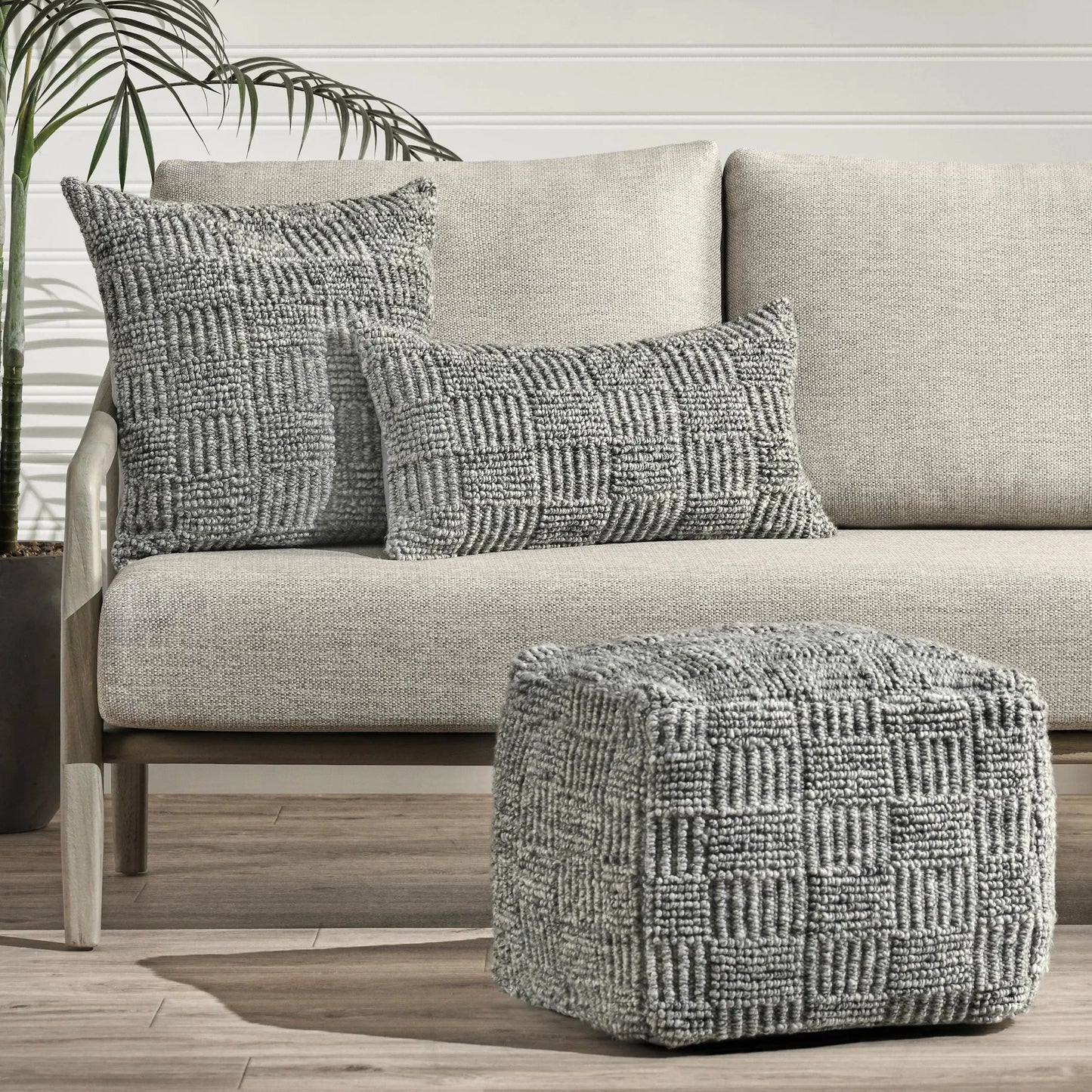 004 SI-2243876 | Lifestyle | Shades Recycled Fabric Indoor Outdoor Pouf by Villa by Classic Home in gray. Made from 100% pet recycled plastic in a rustic style.