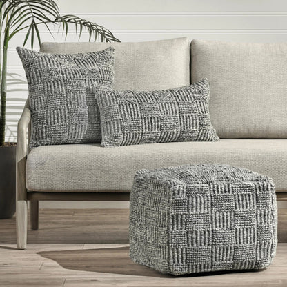 Shades Recycled Fabric Indoor Outdoor Pouf by Villa by Classic Home in gray. Made from 100% pet recycled plastic in a rustic style.