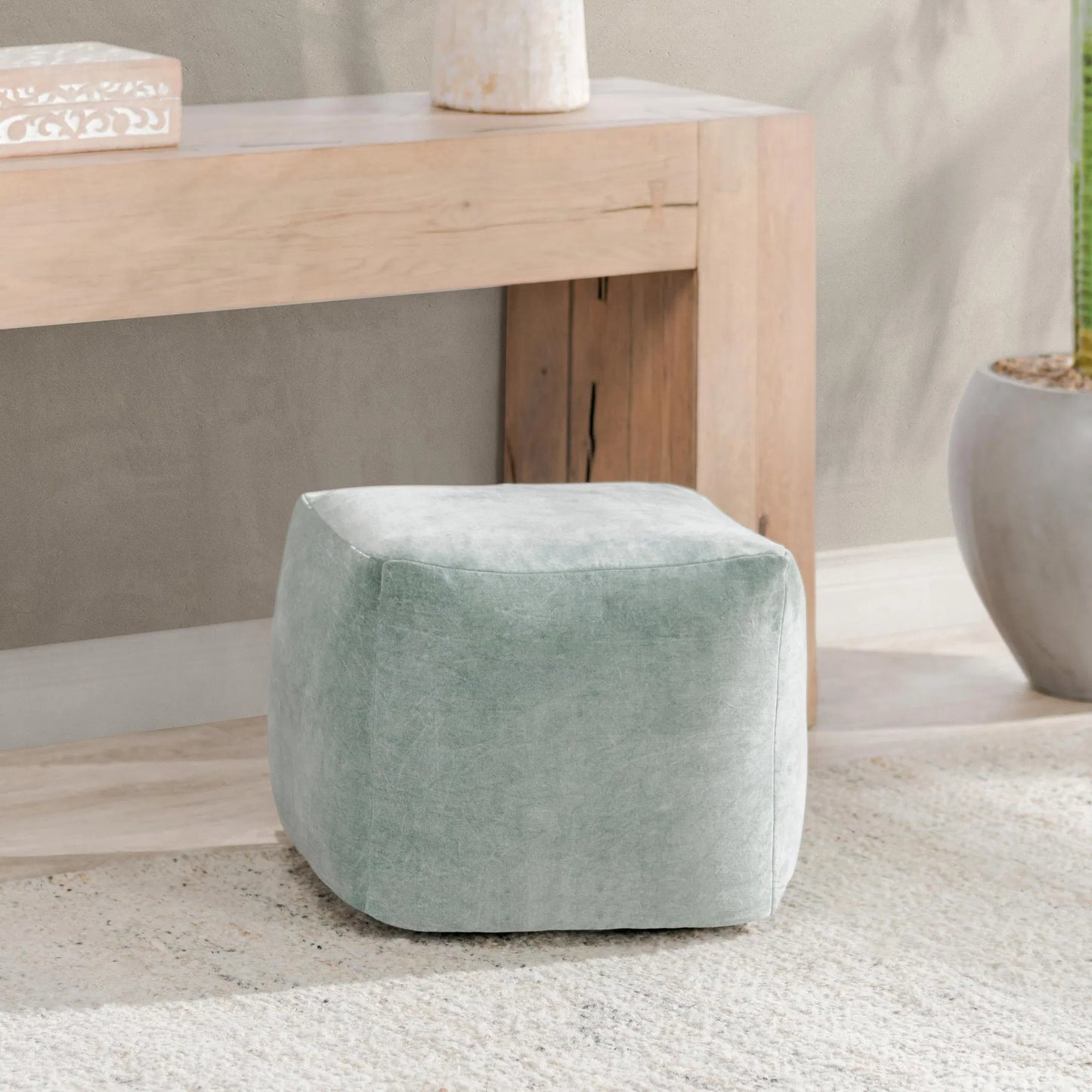 004 SI-2295424 | Lifestyle | Heirloom Velvet Pouf by Villa by Classic Home in bay green. Made from 100% cotton in a modern style.