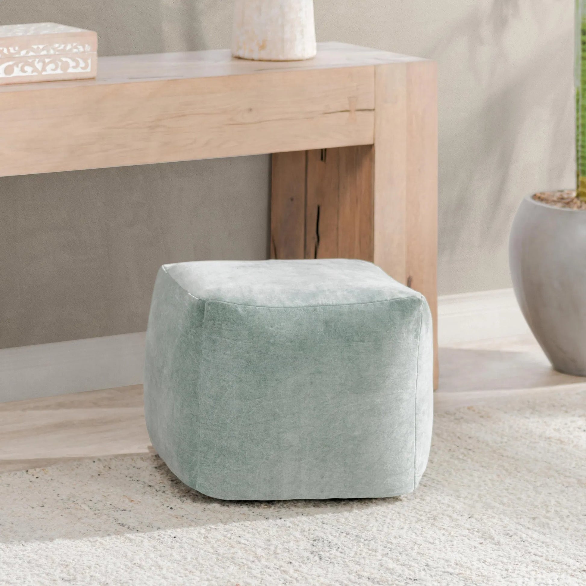 Heirloom Velvet Pouf by Villa by Classic Home in bay green. Made from 100% cotton in a unique style.